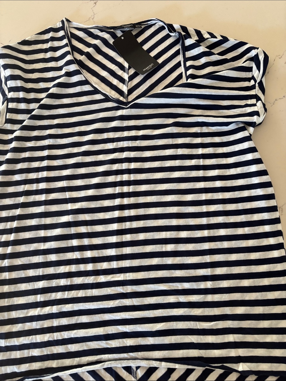 Mango Navy and White Striped V-Neck Short Sleeve Tee